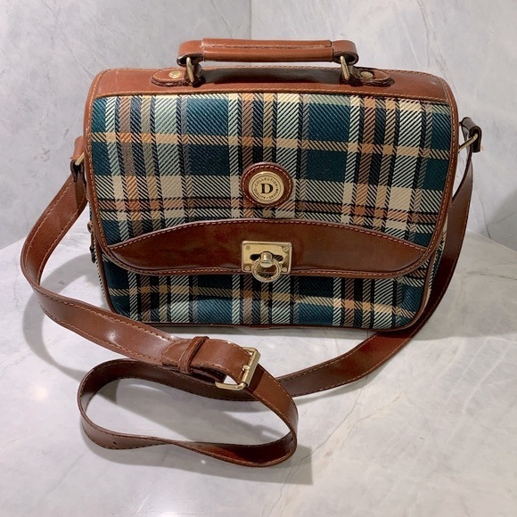 D Collection vintage plaid & vinyl purse with adjustable strap rich colour - Picture 3 of 13